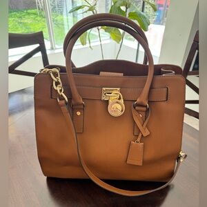 Michael Kors Tan Saffiano Leather Satchel with Gold Hardware